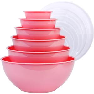 BoxedHome BPA Free Plastic Round Mixing Bowl with Lids, 12 Pack Nesting Bowls with Lids Set, Microwave and Dishwasher Safe Prep & Serving Bowls Great for Mixing, Baking, Serving (Pink, 12pcs)