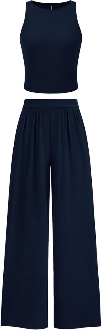 PRETTYGARDEN Spring Two Piece Sets For Women 2025 Ribbed Knit Crew Neck Sleeveless Tank Tops Wide Leg Pants Casual Lounge Set (Navy, Small)