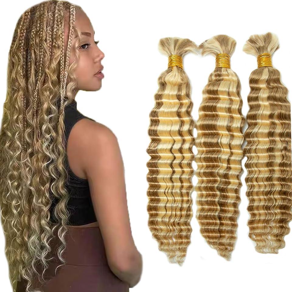 P27/613 Blonde Human Braiding Hair Deep Curly Bulk 20 20 20 Inch Highlight Honey Blonde Deep Wave Braids Human Hair Extensions Unprocessed Virgin Remy Hair 3 Bundle 50 Gram Per Bundle