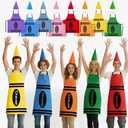 16 PCS Group Halloween Costumes for Adults, 8 Color Crayon Costume Crayon Apron and Cone Hat Costume Set  Unisex One Size, Felt Hats & Cotton Aprons for Halloween,Theme Parties, Family Dress-Up
