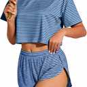 OYOANGLE Womens Pajama Sets 2 Piece Sexy Lounge Sets Summer Cute Pjs Striped Print Tee and Side Split Shorts Set, Medium