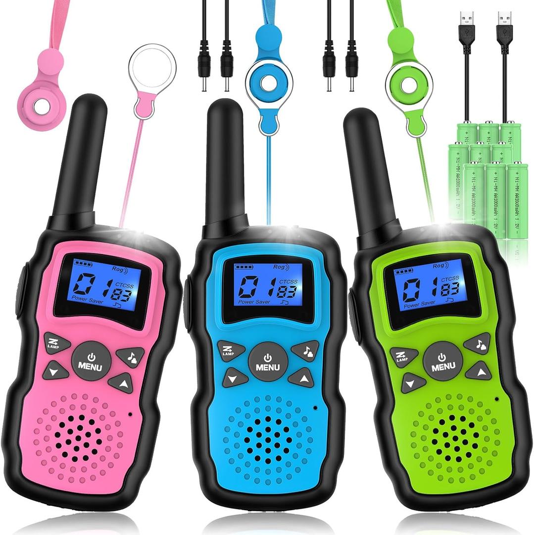 Wishouse Walkie Talkies for Kids Rechargeable Long Range, Xmas Birthday Gift for Boys Girls 4 5 6 7 8 9 10 Year Old, Hiking Gear Camping Games, Toys with Flashlight, VOX, Easy to Use 3 Pack (Pink Blue Green)