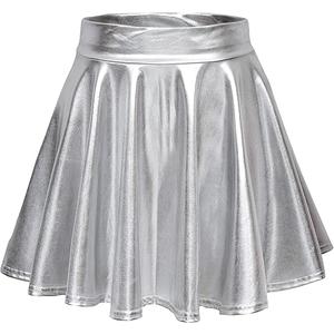 EXCHIC Women's Shiny Metallic Wet Look Stretchy Flared Mini Skater Skirt, Silver, Large