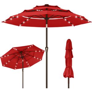 Kingdura 10ft 3-Tier Patio Umbrella with Solar Lights, Table Umbrella Outdoor Patio with Easy Crank & Tilt, 8 Sturdy Ribs, UV Protection, 32 LED Lights for Deck, Poolside, Market (Red)