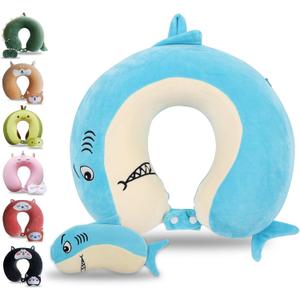 Sexysamba Cartoon Headrest & Neck Pillow for Kids Boys & Girls, Teens, Travel Accessories for Airplane, Car, Recline, Memory Foam Cute Travel Pillow with Sleep Eye Mask - Shark