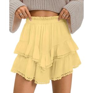 TARSE Womens Flowy Shorts High Waist Pleated Mini Skirts Casual Boho Ruffle Tiered Skorts Cute Versatile Fashion Shorts (Yellow, XXL)