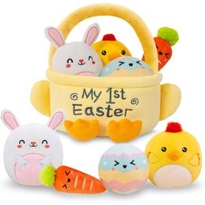 TOYSYM My First Easter Basket Stuffed Playset 5PCS Plush Bunny Chick Carrot Egg Gift for Easter