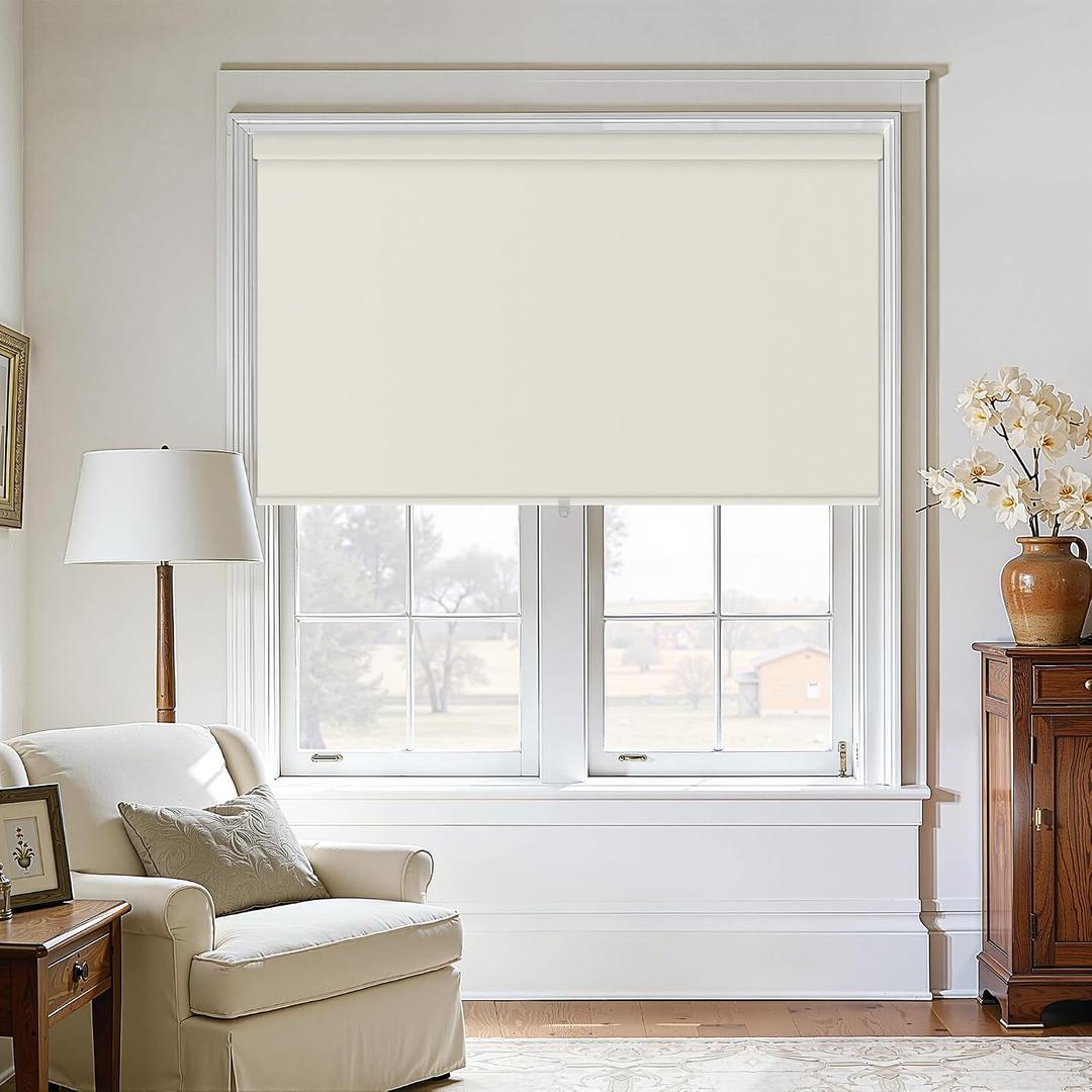 Blackout Roller Shades Cordless Blinds for Windows, Free-Stop Shades with Valance, Thermal Insulated Linen Fabric UV Protection Natural Woven Cream Blinds for Home and Office Ivory 40" W x 72" H