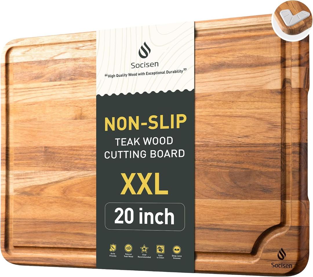 Extra Large Teak Cutting Board 20'' Kitchen Non Slip Wood Butcher Block, 20"L x 14"W