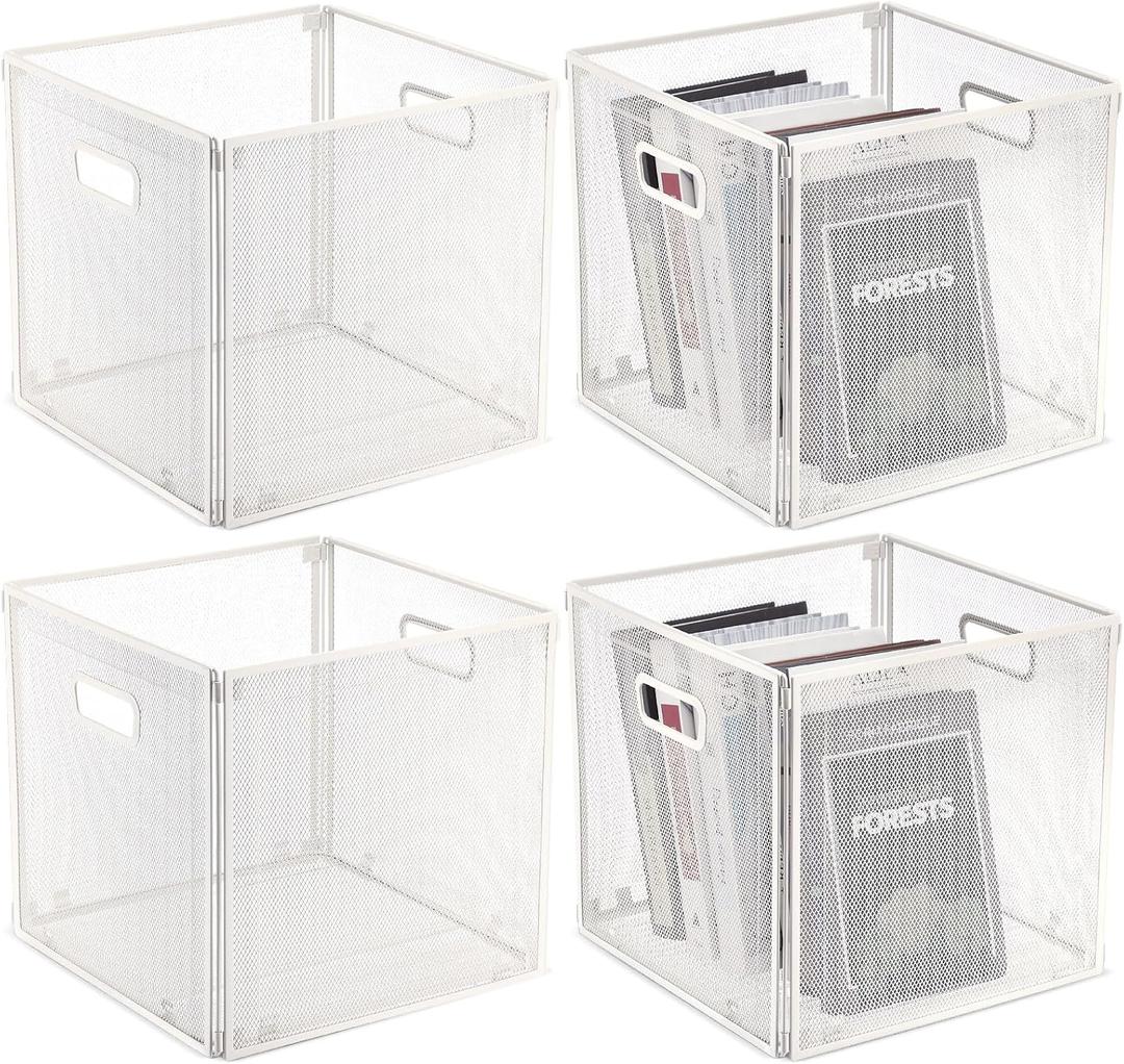 4 Pcs Foldable Metal Cube Storage Baskets 13x13 Kitchen Wire Baskets Stackable Mesh Laundry Organizer Bin with Handles for Shelves Kitchen Cabinets Closet Food (White)