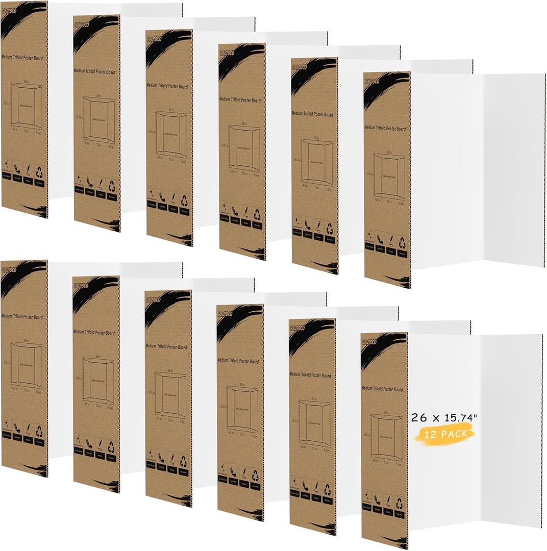 HAUTOCO 12 Pack Trifold Poster Board 26'' x 15.74'' Medium Tri Fold Project Boards White Corrugated Presentation Cardboard for Science Fairs, School Projects, Event Displays, Business