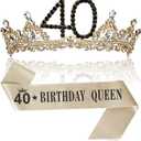 40th Birthday Crown and Sash for Women, 40 Tiara Headband, Black Gold 40th Birthday Decorations Gifts Favors for Female Friends Sister Daughter Wife Mom
