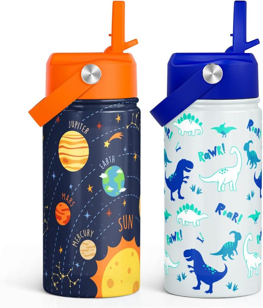 Kid Water Bottle 12oz with Straw Lid - 2-Pack Insulated Stainless Steel Water Bottles for Kids Girls - Travel Cup for Back to School Sports Christmas Birthday (Solar System & Dinosaur)