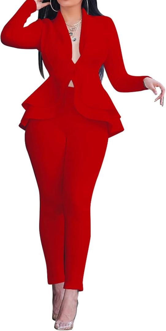 Women's Two Piece Outfits Sets Long Sleeve Deep V Neck Ruffle Pelplum Blazer Slim Fit Bocycon Long Pants Business Suit Set (X-Large, Red)