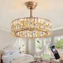 Siljoy 20'' Gold Caged Crystal Ceiling Fan with Light, Modern Bladeless Chandelier Fan with Remote, 6 Speeds, Noiseless DC Motor, Enclosed Fandelier for Living Room Bedroom Nursery (19.7 Inch, Downrod Mount)