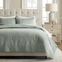 EverGrace Medallion Stitch Cotton Quilt Set Queen Size, 3-Piece 100% Cotton Quilted Bedspread Coverlet Set with 2 Pillow Shams, Oversized Lightweight Soft & Breathable, Soft Sea 92" x 96"