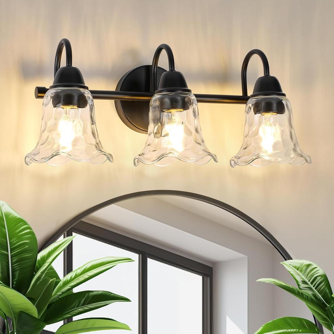 Bathroom Light Fixtures over Mirror, 3 Lights Vintage Wall Sconces with Hammered Glass Shade, 19.3" Matte Black Farmhouse Bathroom Wall Light Fixtures for Bedroom, Porch, Hotel, Mirror Cabinet