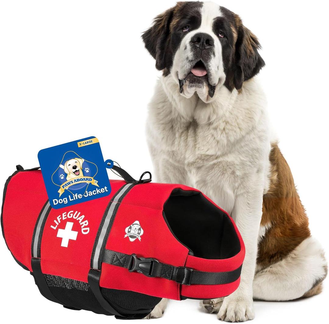 Paws Aboard Dog Life Jacket - Swimming Vest for Dogs, Adjustable, Reflective, Comfortable, Multiple Colors, Patterns, XX-Small to Extra Large Dog Swim Vest with Handle (Red, X-Large)