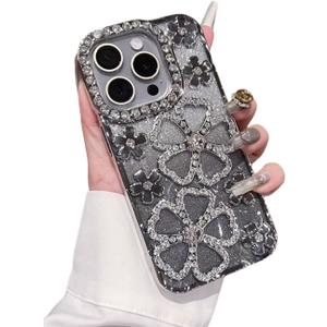 YTanazing Cute Glitter Bling Flower Case for iPhone 16 Pro Max,Luxury Diamond Glitter Rhinestone 3D Floral Women Girls and Sparkly Shiny Slim Shockproof Case for iPhone 16 Pro Max, Silver