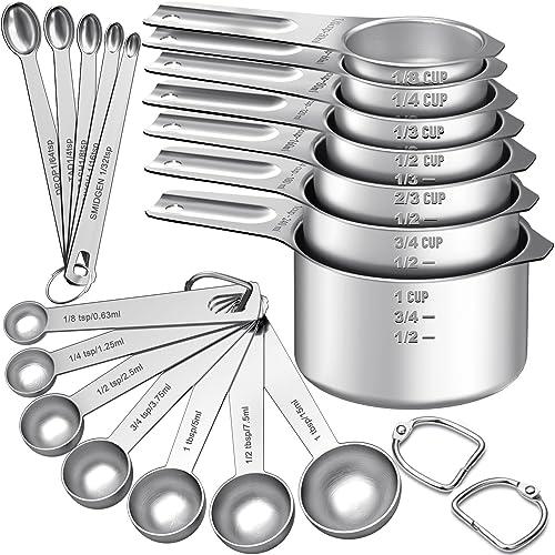 EWFEN Measuring Cups and Spoons Set, 7 Stainless Steel Nesting Measuring Cups & 7 Spoons, 5 Mini Measuring Spoons & 2 Detachable Rings, Kitchen Gadgets for Cooking & Baking, Round