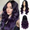 Long Curly Purple Wig for Women Ombre Purple Long Wavy Wig Middle Part Mixed Black and Purple for Daily Party Cosplay