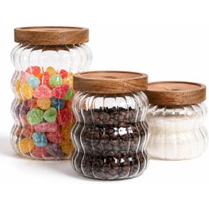 Yutrenn Glass Jar with Wood Lid Cute Decorative Glass Jars Canisters for Nut Coffee Sugar Glass Storage Jar Sets of 3 Size Clear Strip for Kitchen Storage Decor Gift for Christmas (12oz /20oz /27oz)