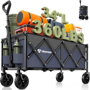 Hikemoon 34'' Extra Long Collapsible Wagons Carts Foldable, 360LBS Heavy Duty Folding Beach Wagon Cart with Wheels, Portable Utility Outdoor Wagon for Grocery, Shopping, Garden, Sports, Purple