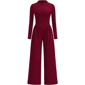 PRETTYGARDEN Long Sleeve Jumpsuit for Women 2026 Fall Date Night Rompers Dressy Casual One Piece Mock Neck Jumpsuits Pockets (L)