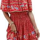Off Shoulder Boho Floral Swing Mini Dress Summer Strapless Pleated Short Dress  (Large)