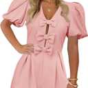 Cicy Bell Womens Cute Rompers Bow Front Puff Sleeve V Neck Short Jumpsuits Sexy Summer Outfits with Pockets (Pink, L)