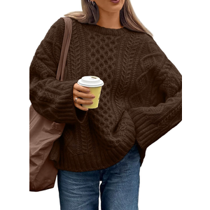 Trendy Queen Oversized Cable Knit Sweaters for Women Trendy 2025 Fall Fashion Outfits Pullover Crewneck Sweaters Tops, S