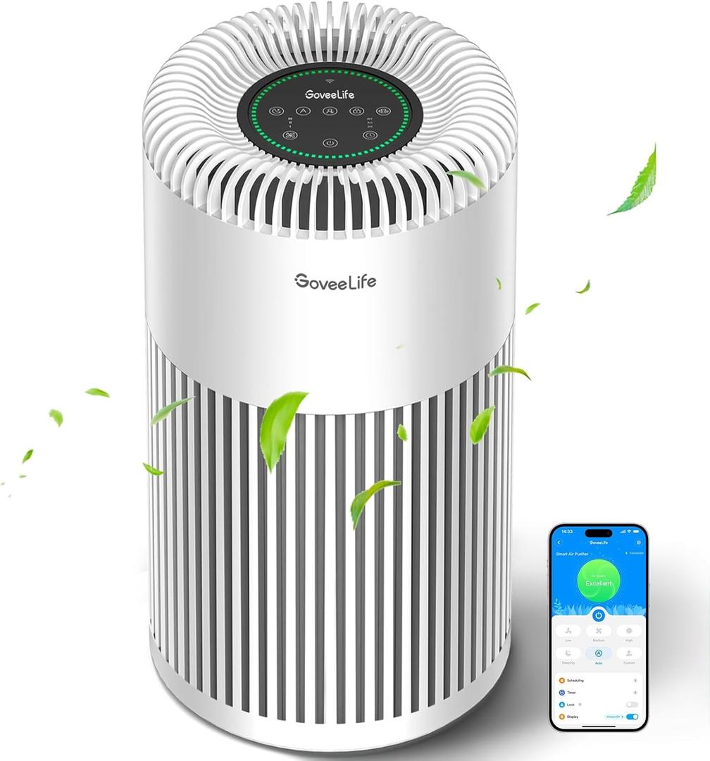 GoveeLife Smart Air Purifier for Home Large Room Up to 1524 sq.ft.with Washable Filter, Integrated PM 2.5 Air Quality Sensor,WiFi, H13 True HEPA Air Purifier for Smoke, Wildfire, Pet Hair,24dB, White