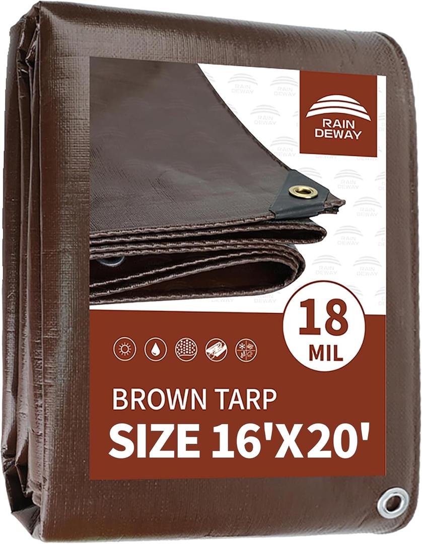 RAINDEWAY 16x20 Feet Super Heavy Duty Tarp 18 Mil,Large Tarps,UV Resistant, Weatherproof, Multipurpose Waterproof Poly Tarp Cover with Grommets and Reinforced Edges,Brown Tarps