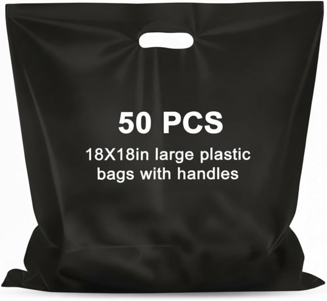 Maitys 50 Pcs 18"x18" Black Plastic Bags with Handles Large Merchandise Shopping Bags for Small Business, Retail, Boutique Stores, Gifts