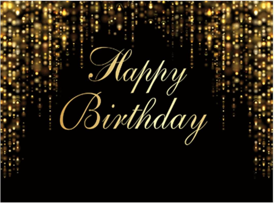 Funnytree 96" x 72" Happy Birthday Party Backdrop Black and Gold Glitter Bokeh Sequin Spots Photography Background Golden Sparkle Shining Dots Baby Abstract Milestone Banner Cake Table Decor Photo