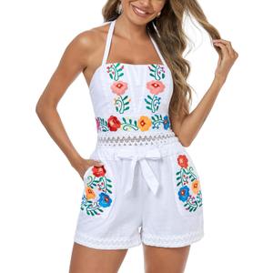 Rompers for Women Summer Boho Embroidered Floral Sleeveless Halter Flowy Casual Tank Top Short Jumpsuit, Size: L