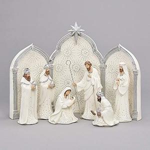 Roman 133013 Nativity Silver Dot White with Triptych Backdrop,11.25 inch
