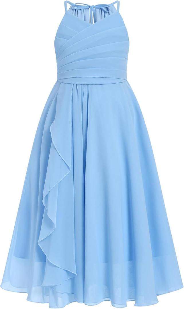 IBTOM CASTLE Flower Girls Dress Halter Pleated Chiffon Junior Bridesmaid Dress Wedding Flowy A-line Party Pageant Prom Dress (11-12 Years, Blue)