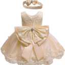 0-6T Toddler Baby Girls Embroidered Tutu Ball Gown Lace Dresses with Headwear (Beige)