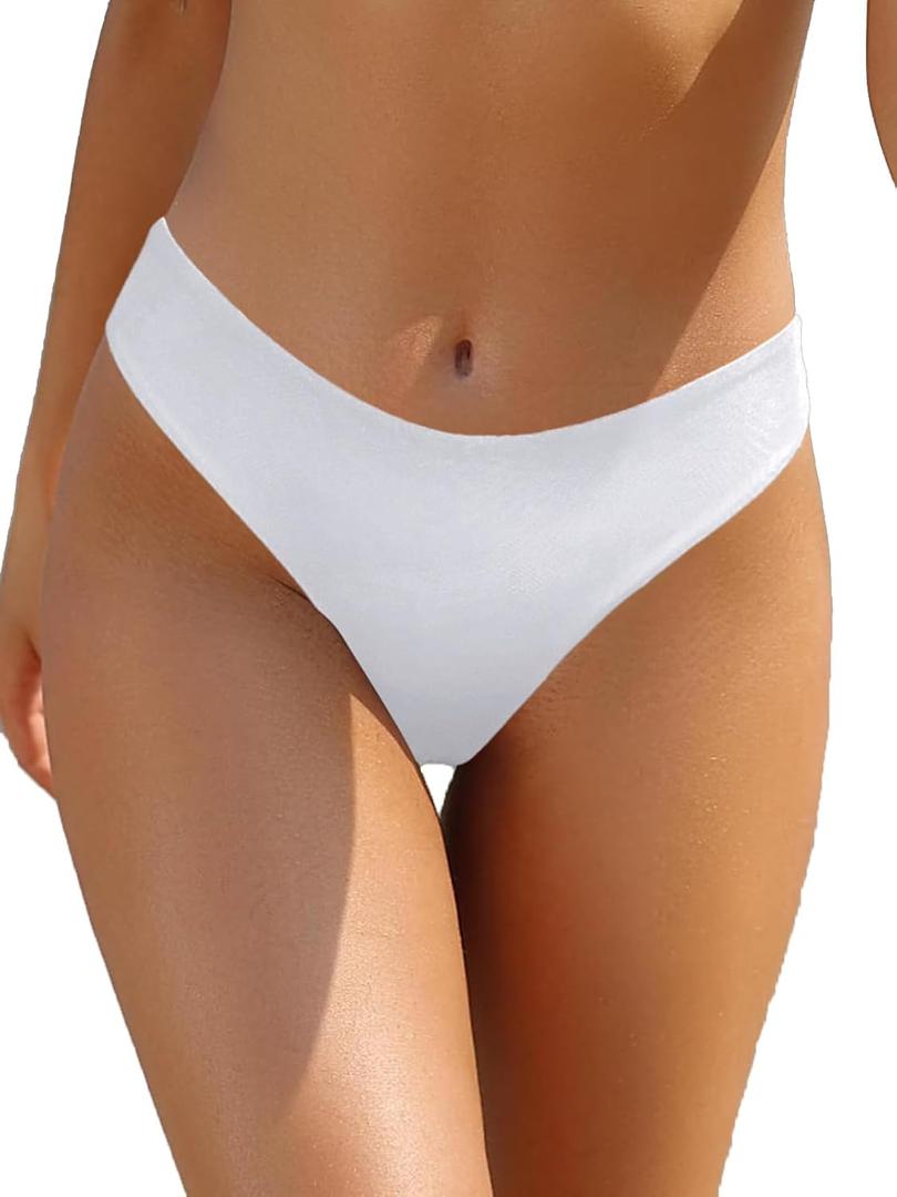 SHEKINI Women's Brazilian U-Cut Thong Bikini Bottom High Waisted Swimsuit Bottom (White, Medium)