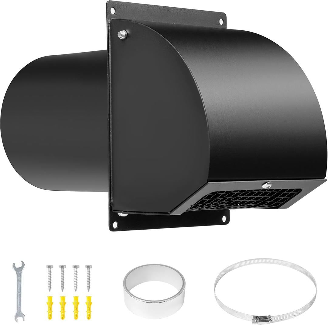 8 Inch Hooded Wall Vent with Screen, Damper, 8-1/4" Length Duct, 14 Gauge Steel Vent Covers for Wall, Wall Vent Cover for Residential Housing and Industrial Facilities Air Exhaust, Black