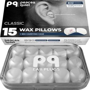 PQ Wax Ear Plugs for Sleeping, Swimming - 14 Soft Noise Cancelling Silicone Gel Wax Earplugs for Sleep and Swimmers, Ear Protection with Sound Blocking Level of 32 Db, (14-Pillows), Color: White