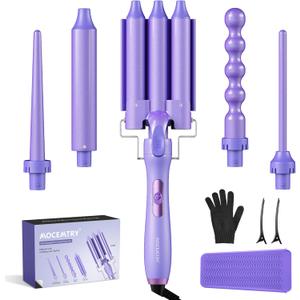 5 in 1 Curling Wand Set (0.35"-1.25") with 3 Barrel Hair Crimper, Bubble Curling Wand and 3 Ceramic Barrels, Curling Iron 1 inch Crimper Hair Tool Waver with Two Temp Control, Gifts for Women, Purple