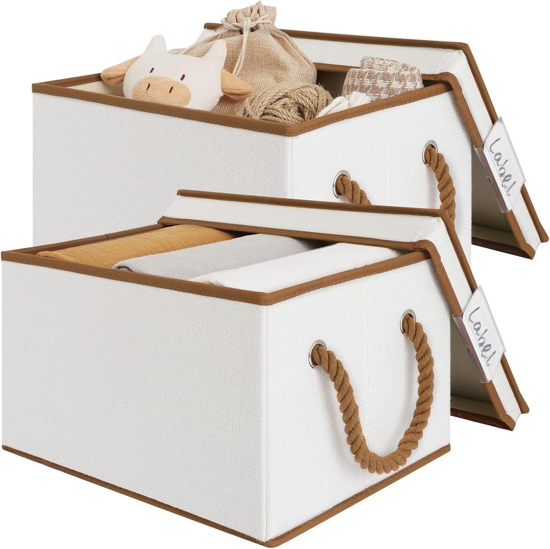 LoforHoney Home Fabric Storage Bins with Lids for Organizing, Foldable Closet Storage Boxes for Shelves, Clothes Baskets with Cotton Rope Handles, Large, Beige & Brown, 2-Pack