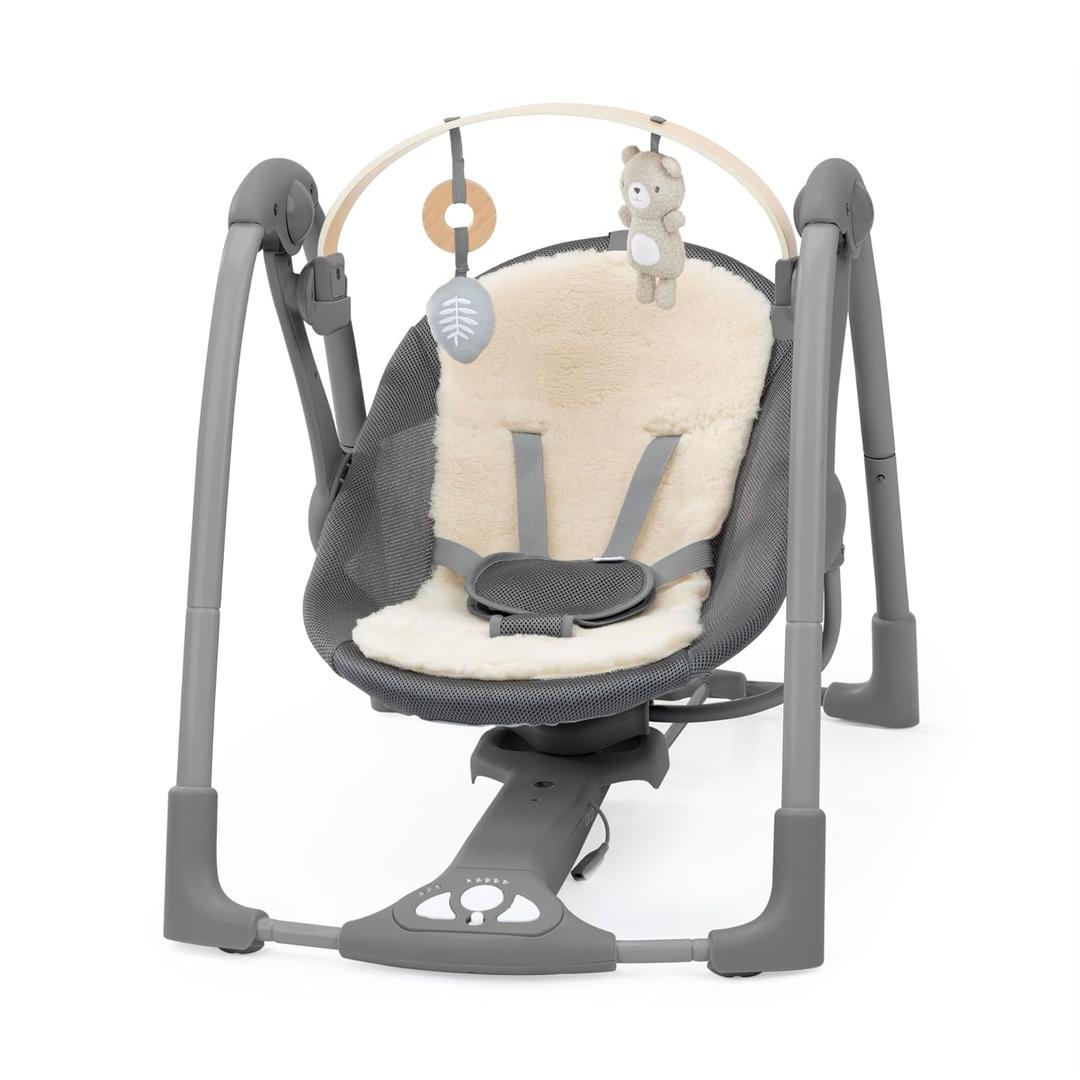 Ingenuity Every Season Swing 'n Go Portable Swing - Cooling and Warming Fabrics, Detachable Sustainable Wooden Toy Bar, 2 Toys, Music, Motorized Swing, for Ages 0-9 Months, Grey - Wesley