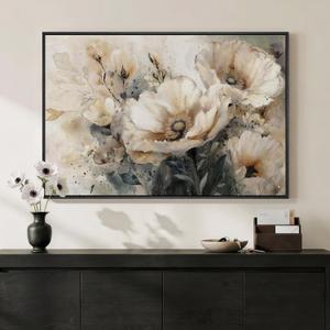 Framed Neutral Floral Wall Art for Modern Farmhouse Living Room, 24x36 In