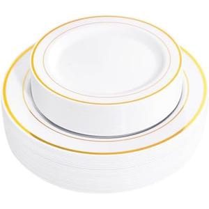 FLOWERCAT 60PCS Gold Plastic Plates - Heavy Duty White and Gold Plastic Plates Disposable for New Year/Thanksgiving Party/Wedding - Include 30PCS 10.25" Dinner Plates and 30PCS 7.5" Dessert Plates