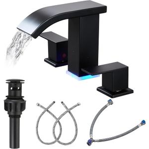 Bathroom Faucets 8 Inch Widespread Bathroom Sink Faucet Two Handles Black Bathroom Faucet 3 Hole Waterfall Vanity Sink Faucet for 3 Hole with LED Light with Pop Up Drain
