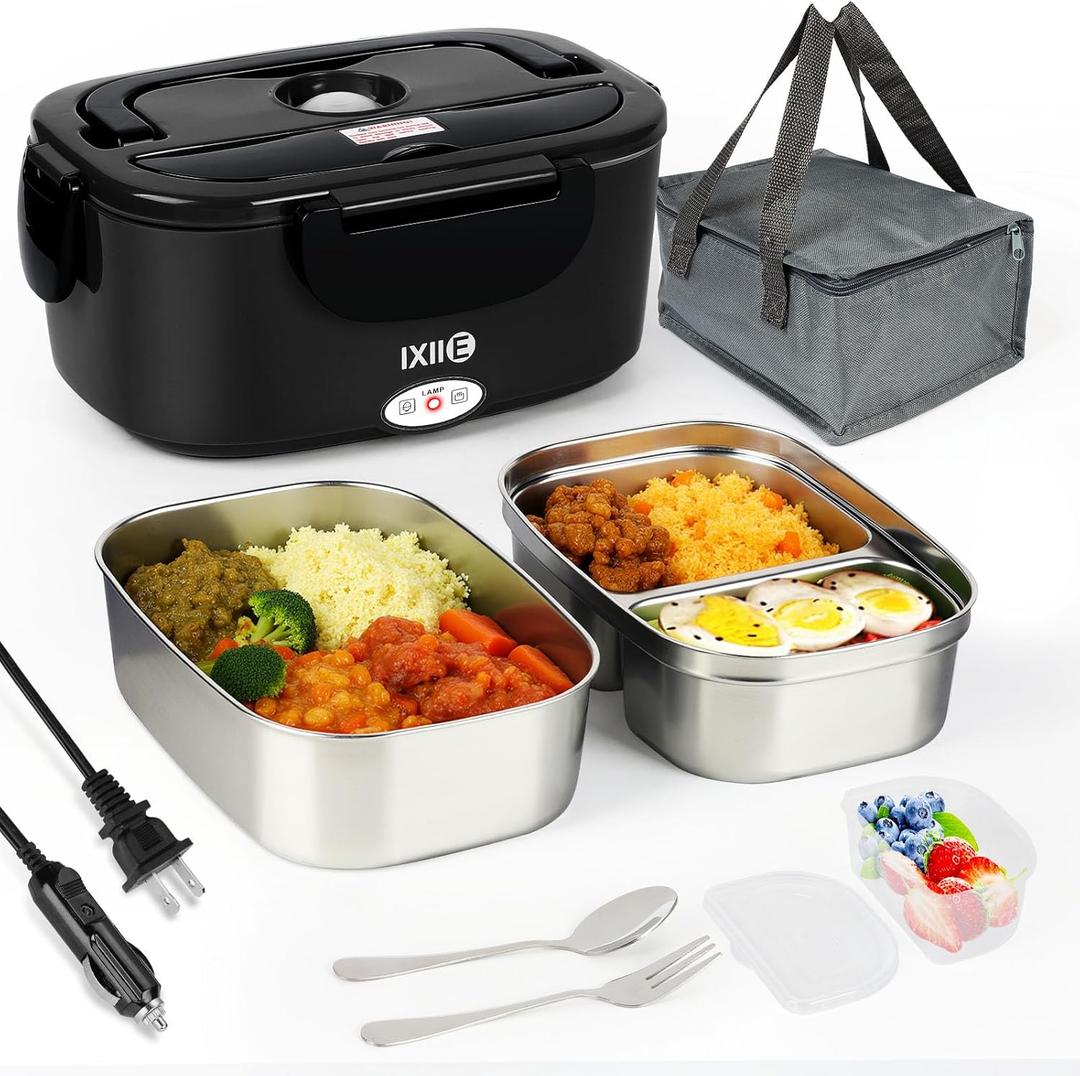 IXIIE Electric Lunch Box 80W Food Warmer for Work, 12V/24V/110V Portable Lunch Warmer for Adults with 2-Pack Stainless Steel Containers, Heated Lunch Box for Car/Truck/Office/Outdoors (Black+Black)