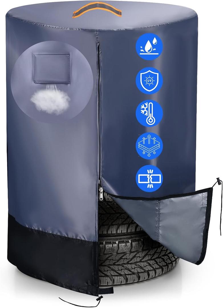Tire Cover Waterproof Outdoor Indoor，Durable 420D Tire Covers for Storage,Universal Tyre Dust Protective Cover with Waterproof Zipper,Bottom Drawstring and Air Vent (Grey & Black)